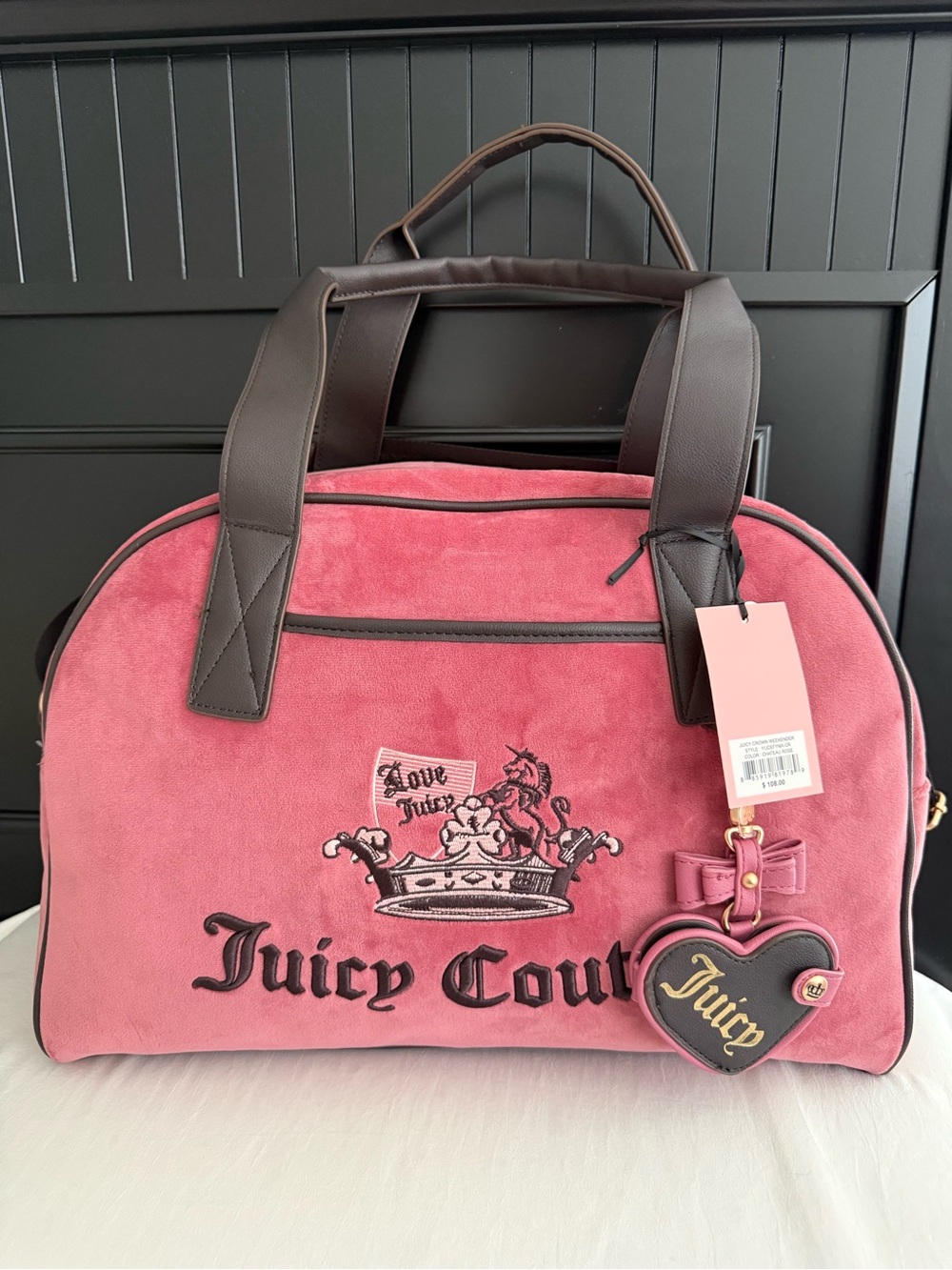Juicy Couture Juicy Crown Weekender Duffle Bag Chateau Rose Velvet Bow Charm